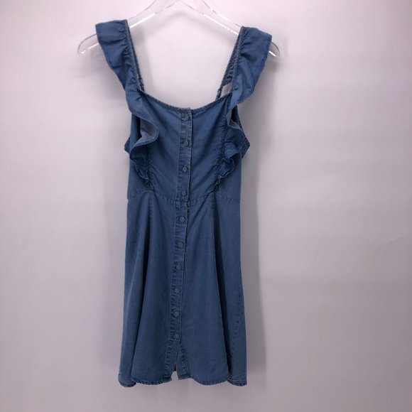 Forever 21 Small Mini Sundress Dress Ruffle Button Front Chambray Blue - Picture 6 of 15
